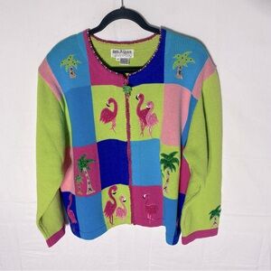 Vintage Jack B. Quick Green Pink Blue Cotton Ramie Knit Flamingo Zip Cardigan XL
